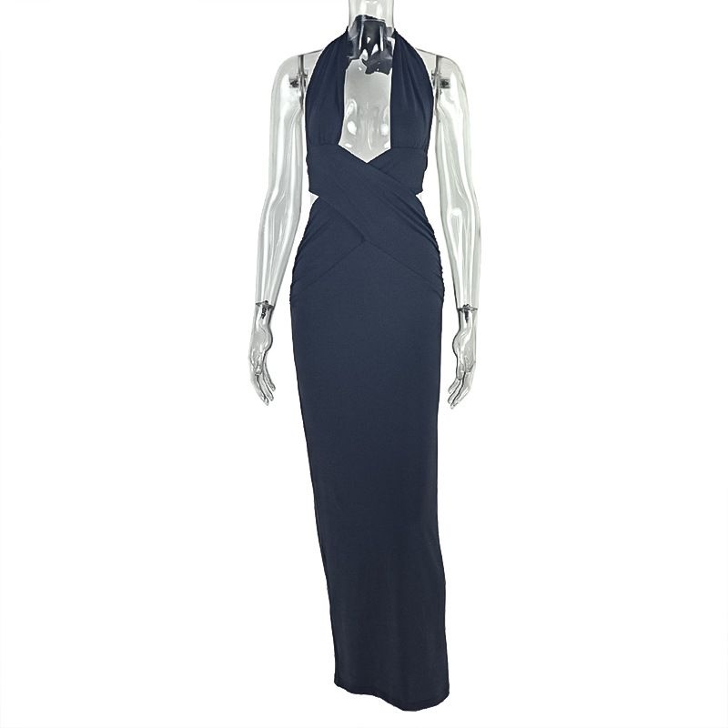 Women's Solid Color Pleated Pencil Skirt European American Style Street Style Low Cut Slim Halter Neck Long Dress_ecoleips.com