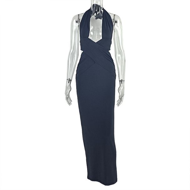 Women's Solid Color Pleated Pencil Skirt European American Style Street Style Low Cut Slim Halter Neck Long Dress_ecoleips.com