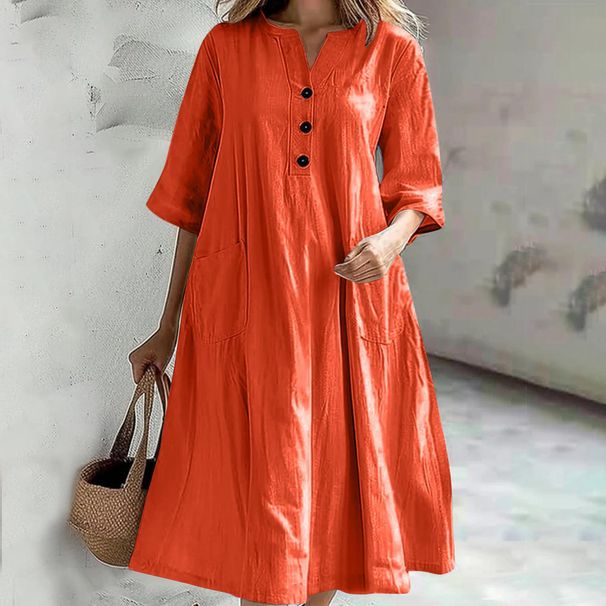 Women's Clothing Women's V Neck Dress Mid-Length Loose Version Cotton Linen Blend Half Sleeve Three Button Pocket Detail Style_ecoleips.com