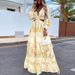 2025 European And American Women's Fashion New Export Long Commuting Hollow V-Neck Floral High-Waisted Flared_ecoleips.com
