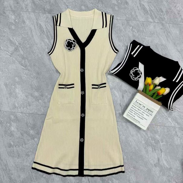 2026 Spring/Summer New Arrival: Elegant Camellia Color Blocked Collar, Button Down Sleeveless Knit Dress With A Light Luxury, Sophisticated Style_ecoleips.com