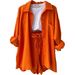 2023 European And American Women's Wrinkle Fabric Turn-down Collar Long Sleeve Shirt High Waist Drawstring Shorts_ecoleips.com