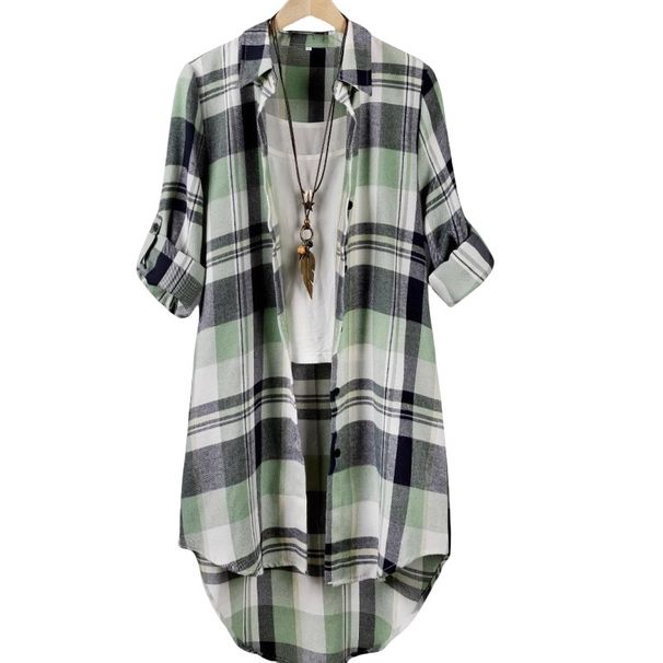 Women's Mid-Length Checkered Shirt, Spring/Summer Korean-Style Loose-Fitting Long-Sleeved Sun-Protective Jacket In Large_ecoleips.com
