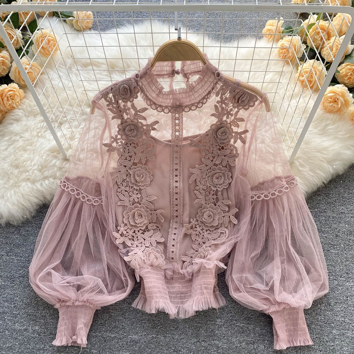 Women's Clothing Three Dimensional Flower Collage See Through Mesh Lantern Sleeve Slim Short Top Women's Lace Bottoming Shirt_ecoleips.com