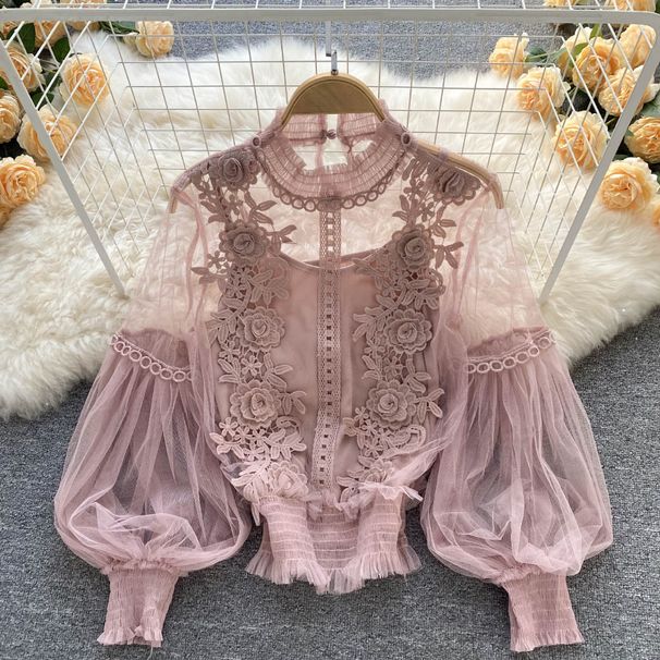 Women's Clothing Three Dimensional Flower Collage See Through Mesh Lantern Sleeve Slim Short Top Women's Lace Bottoming Shirt_ecoleips.com