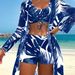 Women's Three Piece Swimsuit Set Printed Drawstring Top Long Sleeve Mesh Cover Up Boxer Briefs Fashionable Regular Fit Nylon Polyester_ecoleips.com