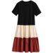 plus Size Korean Style T Shirt Dress Color Blocking Loose Fit Fashionable mid Length Knee Length Skirt for Summer Women's Clothing_ecoleips.com