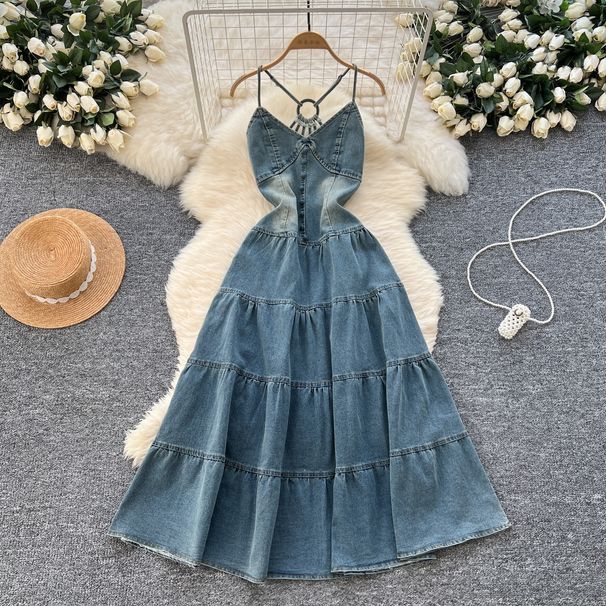 Premium High-End Denim Dress Backless Strapless Bow Tie Waist Slimming Fit Niche Selection Hollow out_ecoleips.com