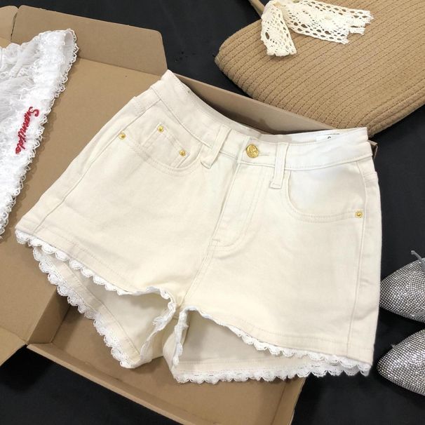 Super Girl Lace Trim Denim Shorts 2025 Summer Thin High-Waisted Stretch Slimming A-Line Hot Pants_ecoleips.com