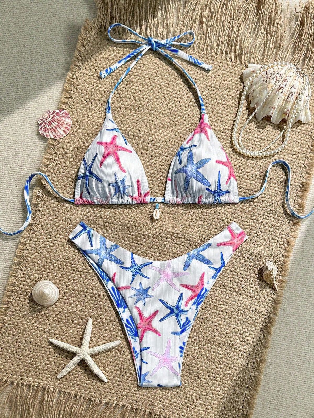 Women's Clothing Starfish Double Fabric Print Bikini Set Sexy Swimsuit Regular Fit Polyester Spring/Autumn/Winter/Summer_ecoleips.com