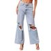 European And American Knee Ripped Jeans Women's High Waist Long Wide Leg Pants Light Color Washed Casual Pants_ecoleips.com