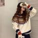 Dongdaemun-Inspired Chunky Knit Sweater – Jacquard Color-Block Pattern, Oversized Fit & Drop Shoulder Sleeves_ecoleips.com