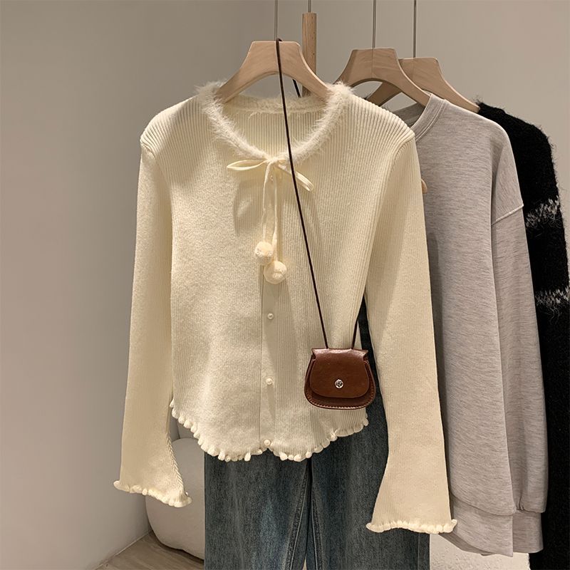 girl Fluffy Fufu Collar Soft Knitted Base Shirt For Women Winter Ruffled Edge Pom-Pom Tie Sweater Inner Wear_ecoleips.com