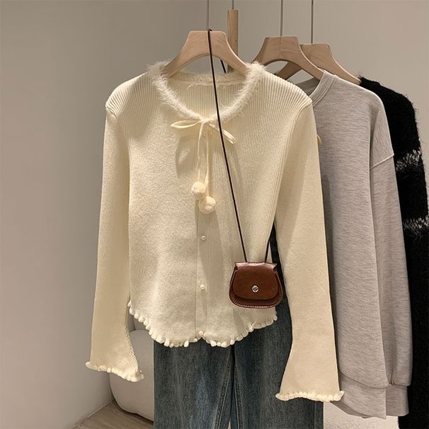 girl Fluffy Fufu Collar Soft Knitted Base Shirt For Women Winter Ruffled Edge Pom-Pom Tie Sweater Inner Wear_ecoleips.com