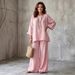 Women's Simple Linen Blend Shirt And Wide Leg Pants Set Crew Neck Loose Fit 2026 New_ecoleips.com
