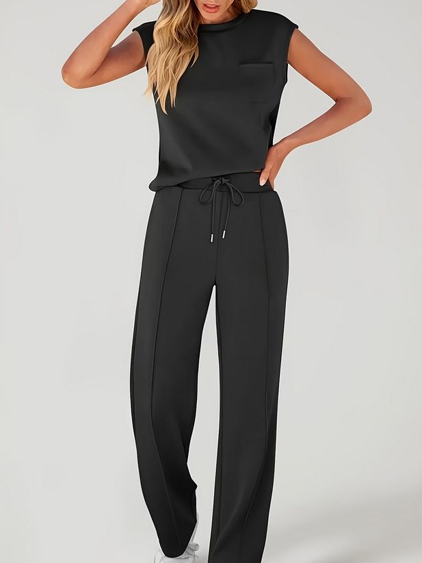 Women's Clothing Women's Solid Color Sleeveless Top And Wide Leg Pants Set Style Spring Summer Fashion Clothing_ecoleips.com