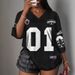 Retro Sports Jersey Women's V-Neck Short Sleeve T-Shirt - Oversized Letter Print Mesh Top (8 Color Options, Xs-6xl)_ecoleips.com