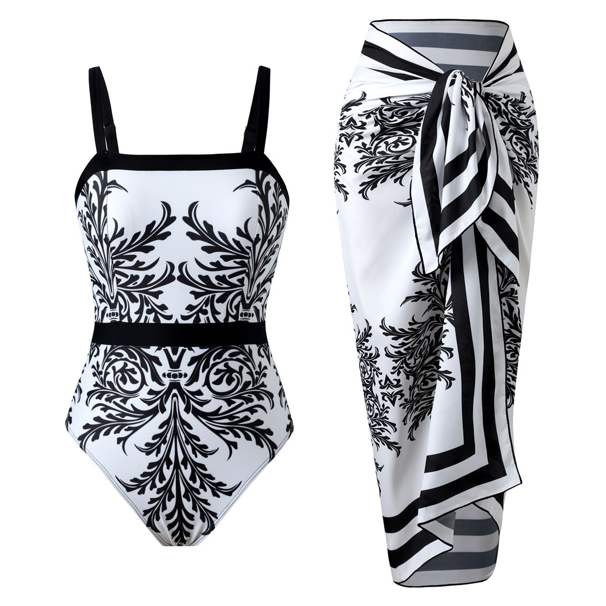 Women's Clothing Tropical Print Bikini Set – Halter Swimwear With Sarong (One Size)_ecoleips.com