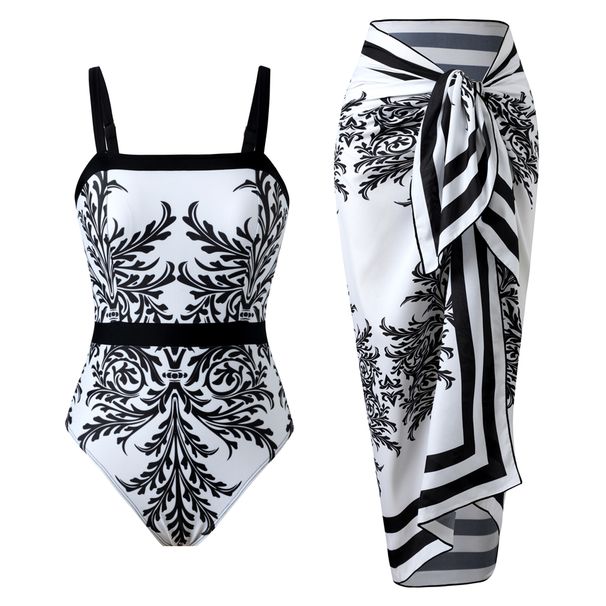 Women's Clothing Tropical Print Bikini Set – Halter Swimwear With Sarong (One Size)_ecoleips.com