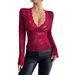 2026 Spring New Women's Solid Color Sexy Lace Slim V-Neck Long Sleeve T-Shirt Top_ecoleips.com