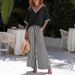Women's Summer Cotton Linen Two Piece Set V Neck Short Sleeve Top Striped Wide Leg Pants Loose Fit Cross Border Casual Style_ecoleips.com