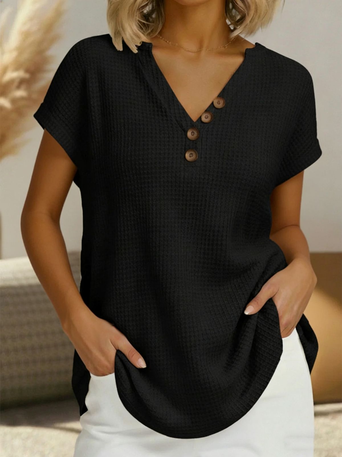 Breathable Waffle Knit Short Sleeve Top For Women, Comfortable V-Neck Casual Pullover For Summer Relaxed Fit For All-Day Wear_ecoleips.com