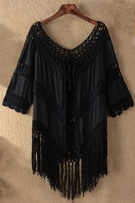Women's Clothing Stitching Tassel Solid Color Woven Hollow Sunscreen Top_ecoleips.com