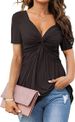 2023 European And American New Women's V-Neck Front Twist Shirt Short Sleeve Elegant Casual T-Shirt Solid Color Pullover_ecoleips.com