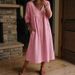 Women's Clothing Women's Linen Patchwork V Neck Dress Loose Three Quarter Sleeve A Line Midi Casual Style Commuter Spring_ecoleips.com
