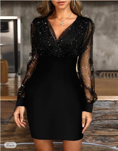 Mesh V-neck Sequined Dress Slim Fit Sexy Dress Spot_ecoleips.com