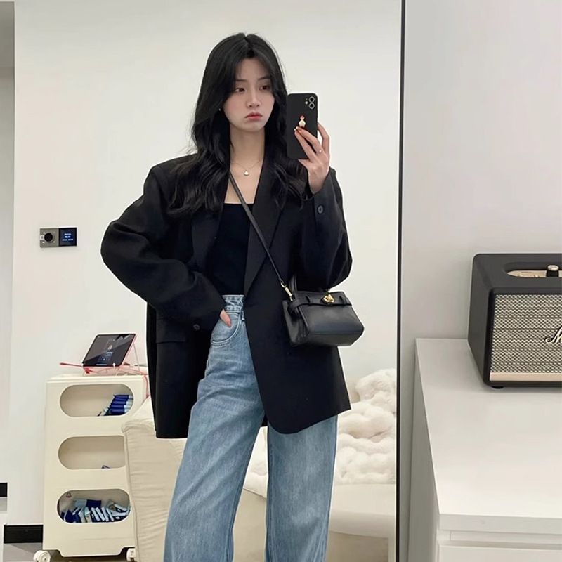 ng2510292 Elegant Black Blazer Women, New Korean-style Loose Fit Petite Individuals, Casual Suit Jacket, Versatile For Fall 2025_ecoleips.com