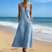 Summer Casual Sleeveless Pocket Long Dress Fashion Button Hight Street Loose Party Dresses Elegant V-neck Adjustable Denim Dress_ecoleips.com