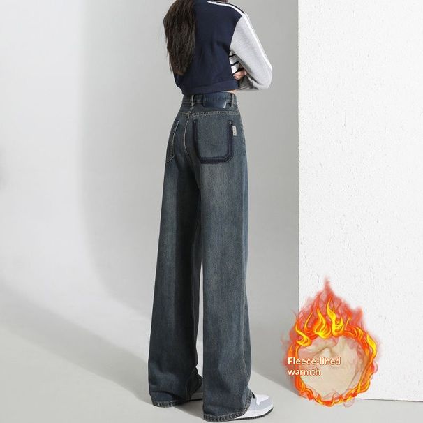 Wholesale Women's Color-blocked Jeans For Autumn And Winter, Thick Fleece, Slim Fit, Loose High-waisted, Drapey,_ecoleips.com