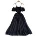 French Green Printed Sleeve One Shoulder Spaghetti Strap Dress for Women Elastic Waist Slim Fit Long Summer Dress_ecoleips.com