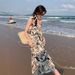 Chinese Ink Print V-neck Strap Summer Women French Niche Loose Lazy Style Over-the-knee Long Dress_ecoleips.com