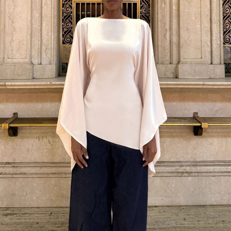 Women's Asymmetrical Butterfly Top Satin Solid Color Tie Detail European And American Style Foreign Trade Fashion Blouse for Autumn 2025_ecoleips.com