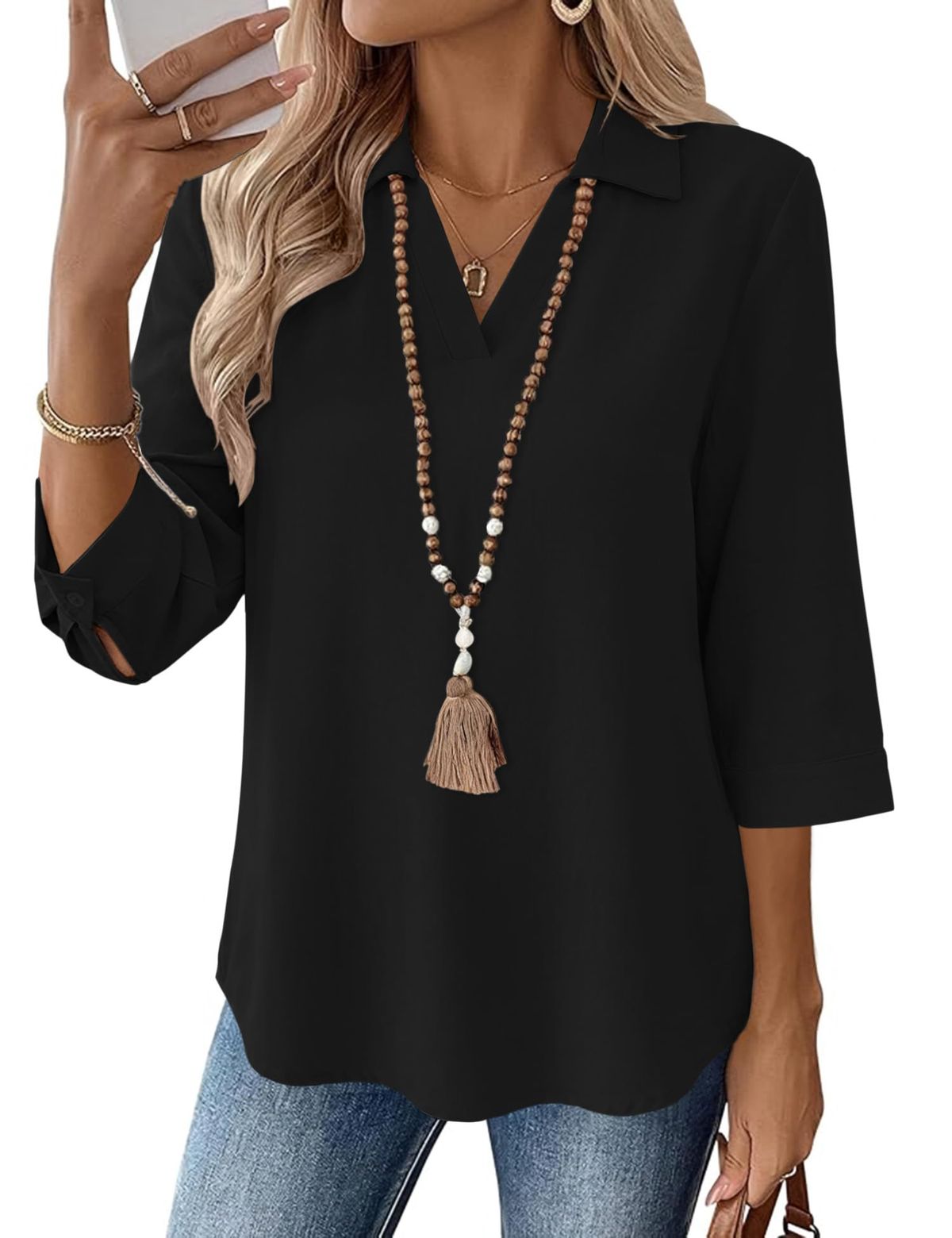 LOMON Womens 3/4 Sleeve Tops V Neck Cotton Linen Work Blouse Collared Shirts For Women Business Casual 2026_ecoleips.com