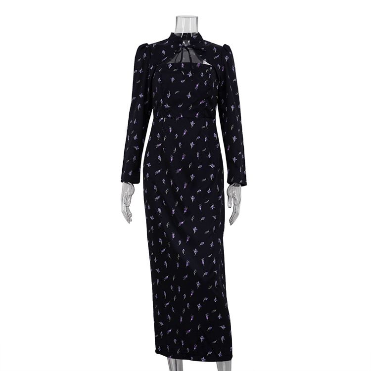 Women's Clothing Design Sense Stand Collar Tie Print Long Sleeve Dress Female Temperament Waist Slit Hip Skirt Commuter Long Skirt_ecoleips.com