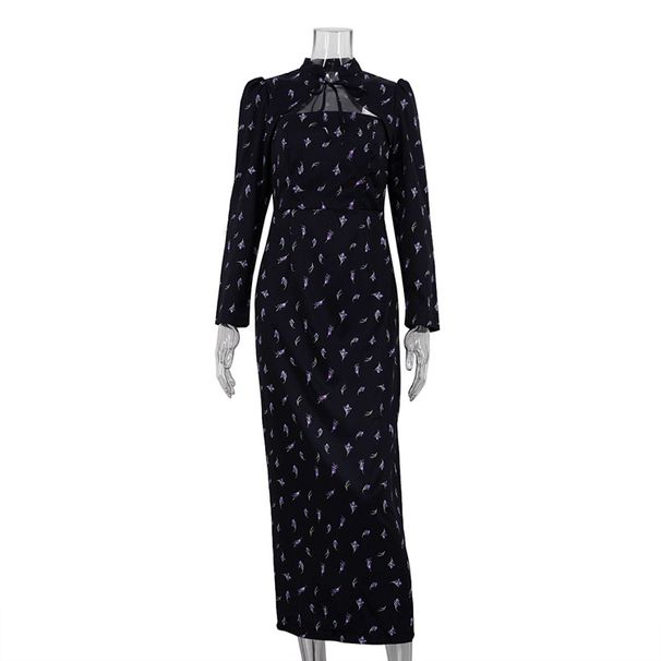 Women's Clothing Design Sense Stand Collar Tie Print Long Sleeve Dress Female Temperament Waist Slit Hip Skirt Commuter Long Skirt_ecoleips.com