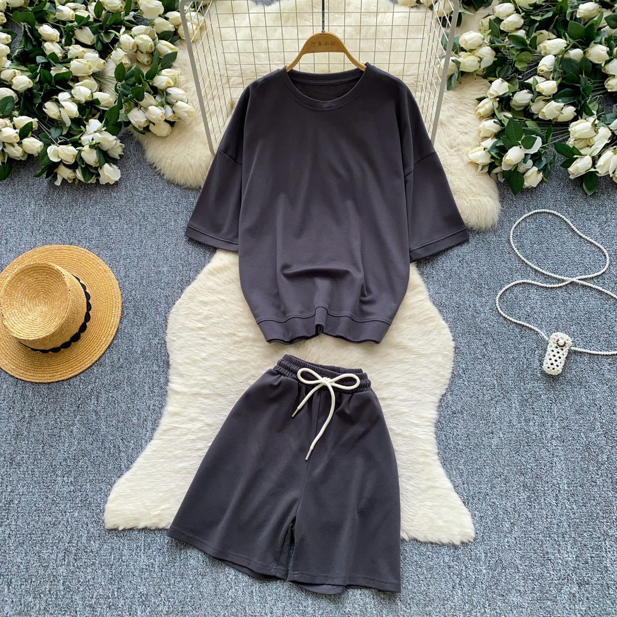 Women's Commuter Style Two Piece Set Slim Fit Short Sleeve Top And High Waisted Shorts Slimming Versatile Elegant Summer Outfit_ecoleips.com