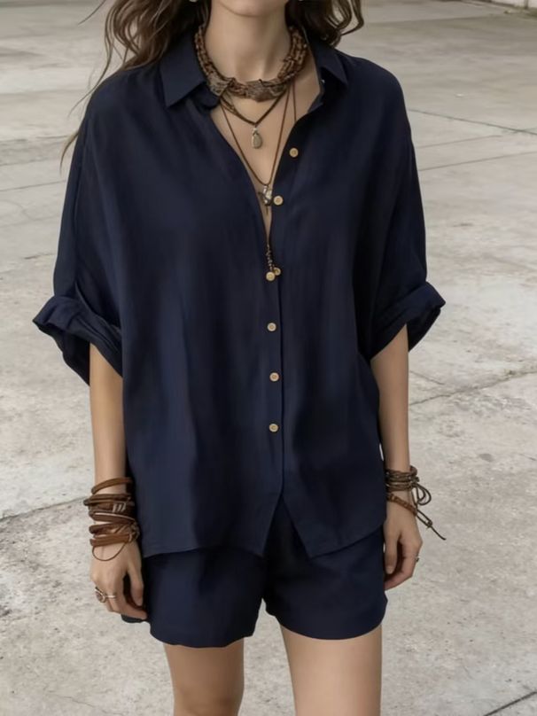 Summer Fashion Casual Women's Clothing Set Solid Color Loose Button Down Shirt And Shorts_ecoleips.com