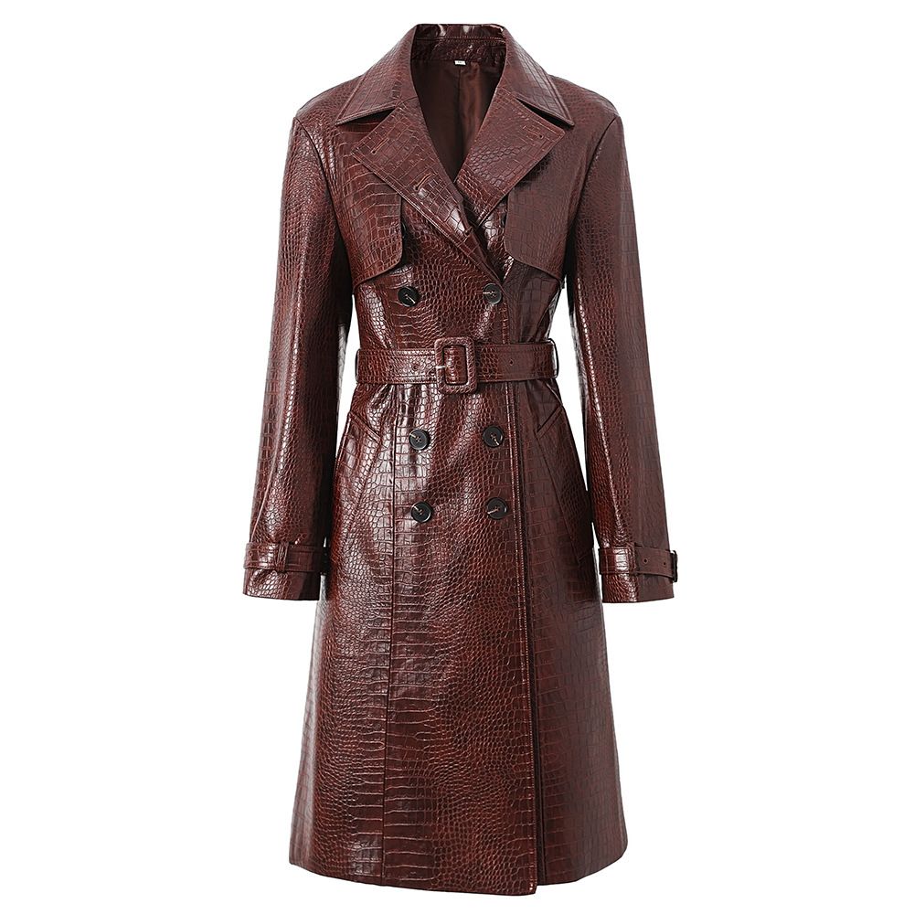 Women's Clothing Spring And Autumn Pu Leather Extended Style Atmospheric Lace Up Leather Coat Windbreaker_ecoleips.com