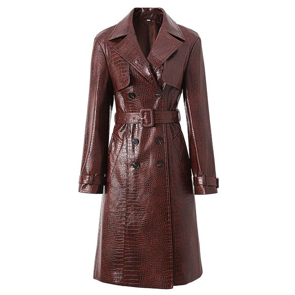 Women's Clothing Spring And Autumn Pu Leather Extended Style Atmospheric Lace Up Leather Coat Windbreaker_ecoleips.com