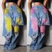 Women's Double Waist Layered Denim Jeans Pink Gradient Distressed Wide Leg Pants Streetwear Casual Ripped Jeans For Daily & Party_ecoleips.com