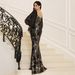Women's Clothing Long-sleeved Temperament Sexy Long Sequin Square Collar Backless Banquet Evening Dress_ecoleips.com