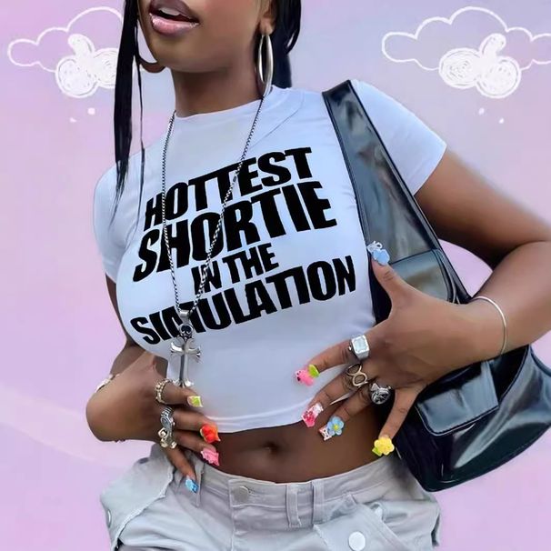 American Retro Basic Letter Short Sleeved T Shirt, Summer Women's Sexy Slim Fit, Off Shoulder, Cropped Top, Versatile._ecoleips.com