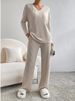 K Two-piece Women's New Fashion Casual Straight-leg Pants With A Loose V-neck Ribbed Sweater Set_ecoleips.com