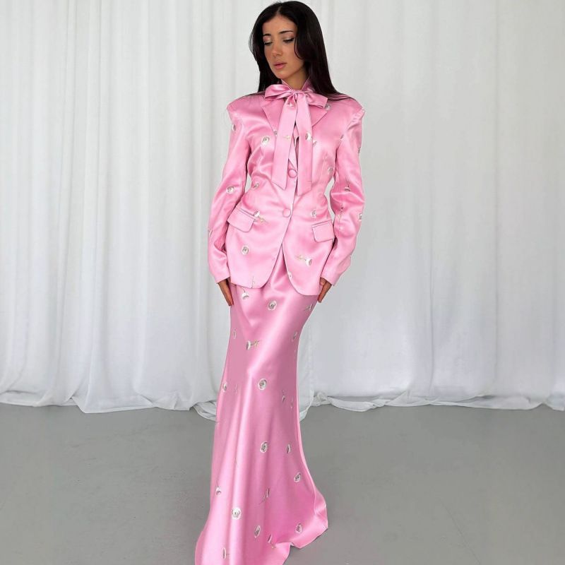 2025 Autumn/Winter European American Casual Design Loose-Fit Tie-Waist Fashionable Elegant Printed Blazer And Long Skirt_ecoleips.com
