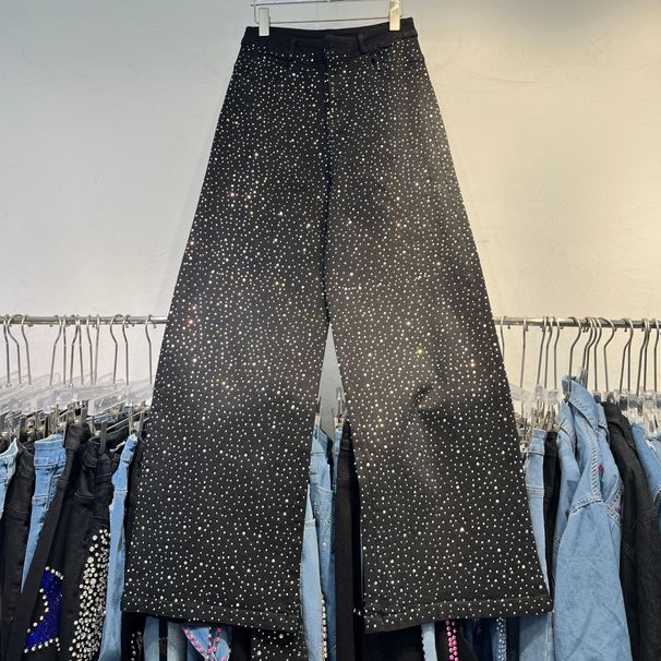 Women's Clothing Waist Starry Sky High Temperature Hot Diamond Straight Fat MM Wide Leg High End Fashion Jeans For Women_ecoleips.com