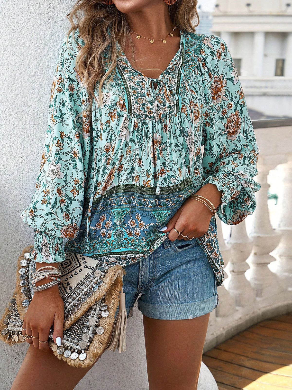 Elegant Floral Print Lantern Sleeve Blouse With Tie Detail – V-Neck, Loose Fit, Polyester-Spandex Blend – Pink, Orange, Blue_ecoleips.com
